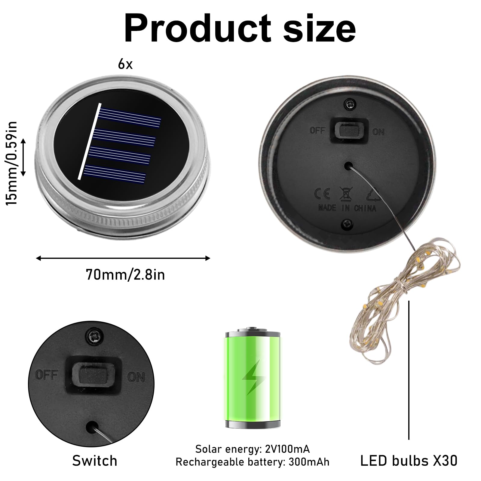 6 unidades de 3 m 30 LED luces solares de vidrio solar, cadena de luces para botellas, tapa de luz solar, para tarro de cristal, farolillo colgante para jardín, terraza, patio, boda, fiesta