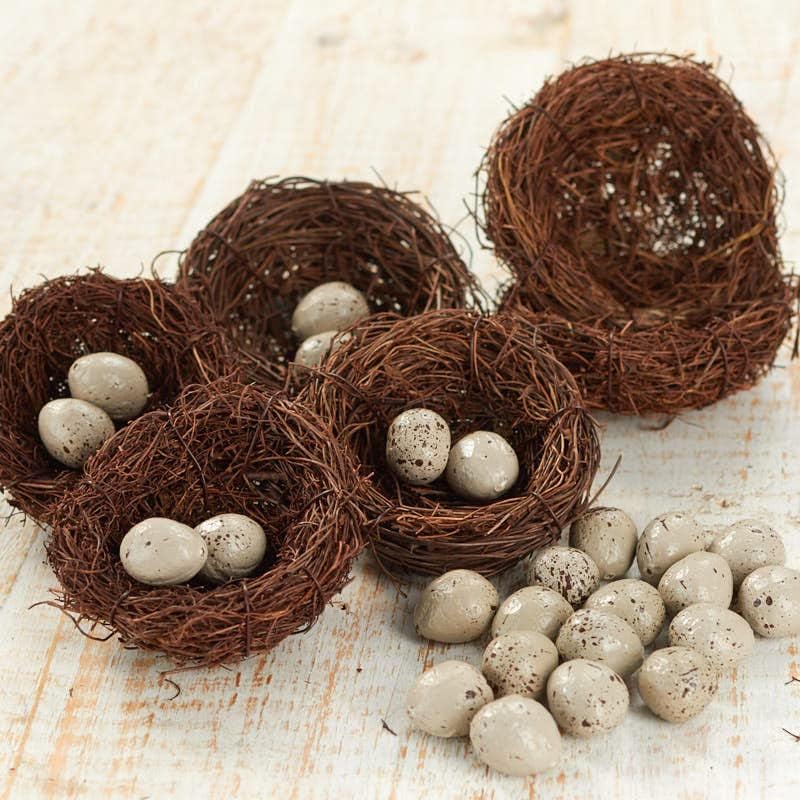 Factory Direct Craft Pack of 6 Natural Angel Vine 3 Inch Bird Nests with 24 Mini Speckled Eggs for Wedding Favors, Party Favors, Easter Decorations or Baby Showers