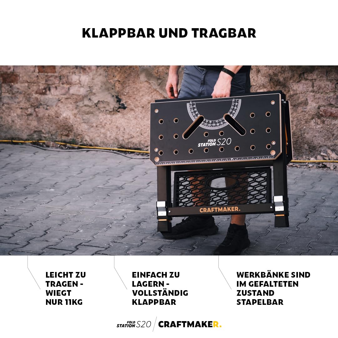 Klappbare Werkbank mit Arbeitsbockfunktion, höhenverstellbare Stahlkonstruktion, geeignet für schwere Arbeiten, inklusive Zubehör