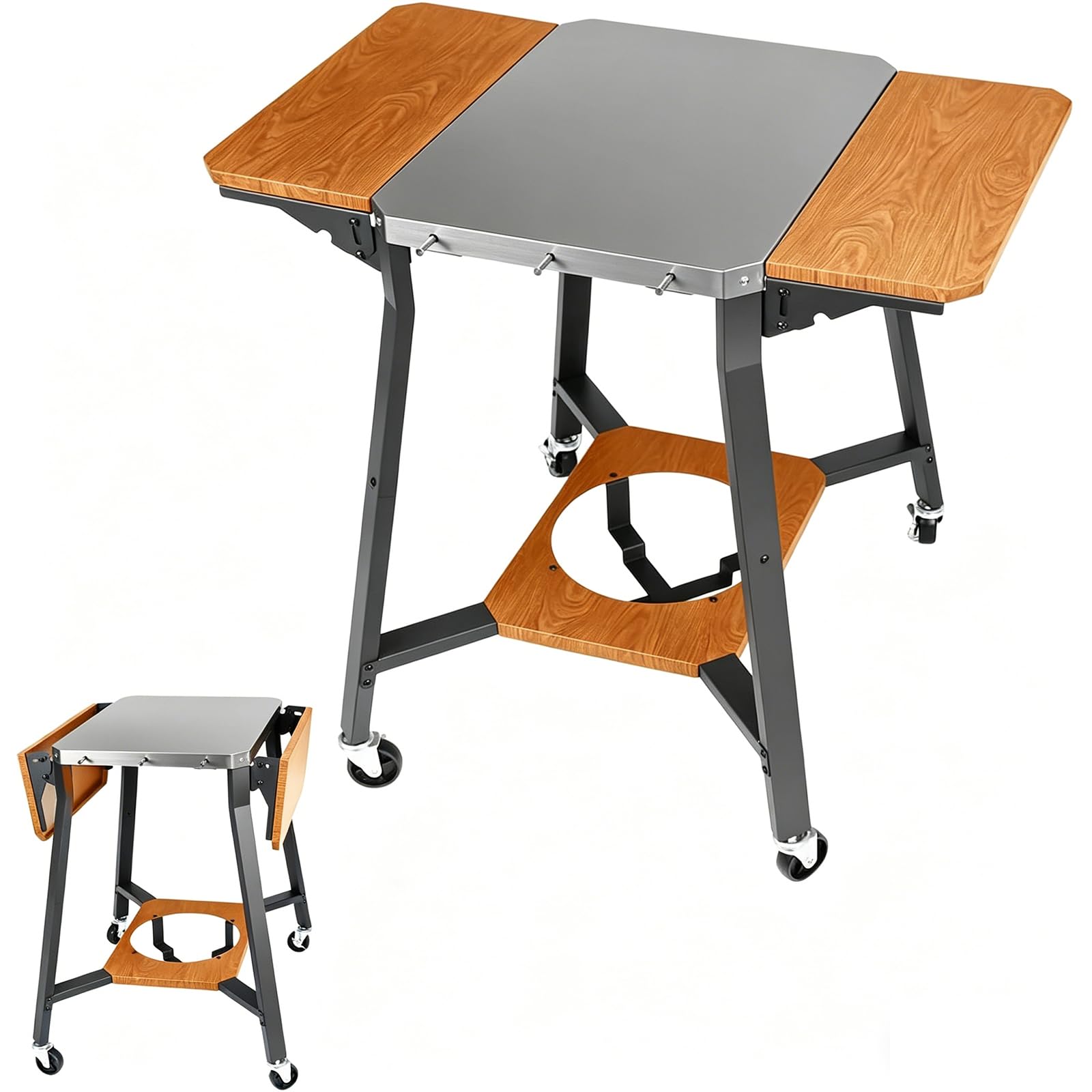 GFTIME Carrello per barbecue con piano di lavoro in acciaio inox, con 2 ripiani laterali pieghevoli, supporto per bombole a gas e ruote, carrello da cucina mobile per barbecue, forno per pizza e