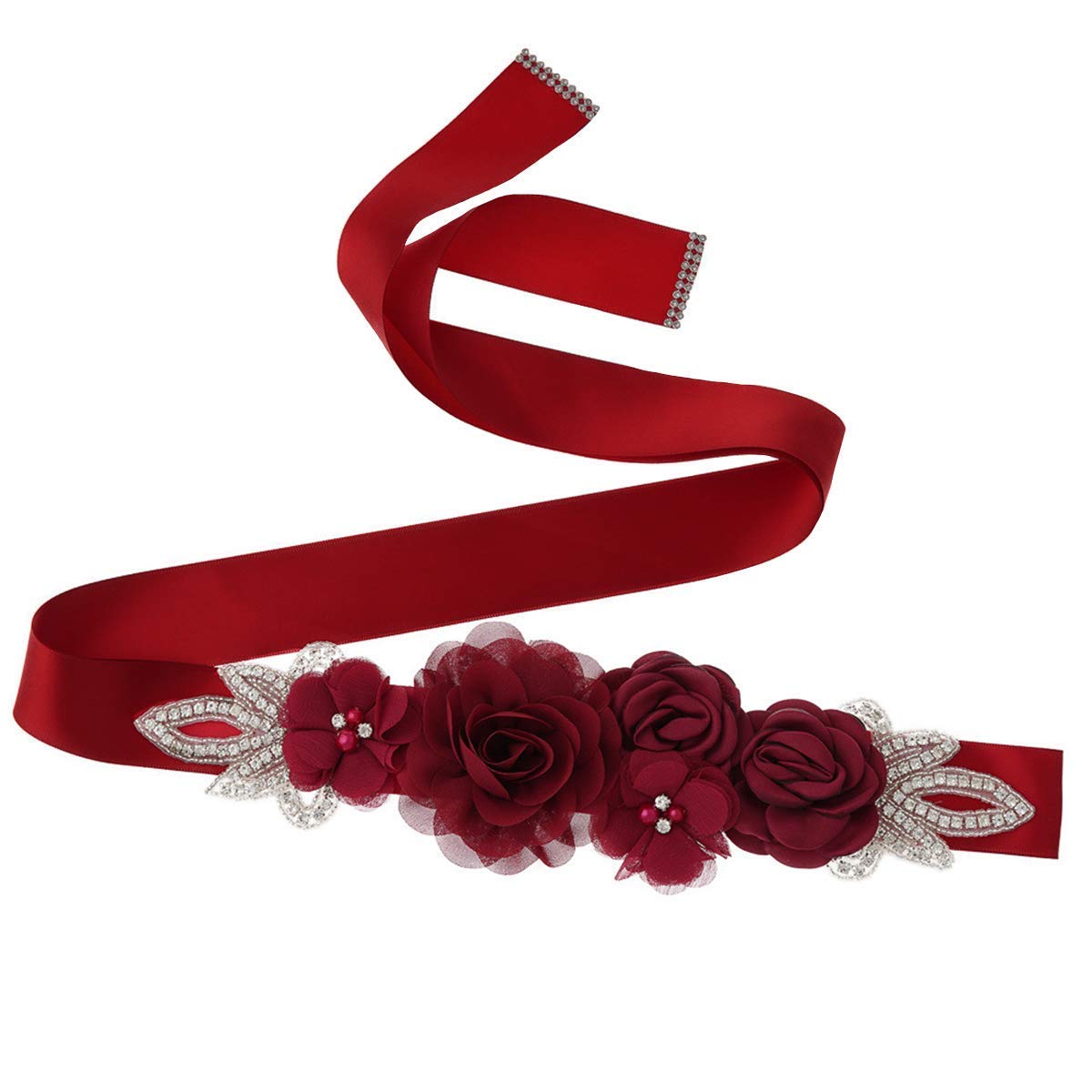 Lauthen.S Sash Belt with Flowers Pearls Rhinestone for Wedding Bride/Baby Shower Dress, Wine Red, One Size