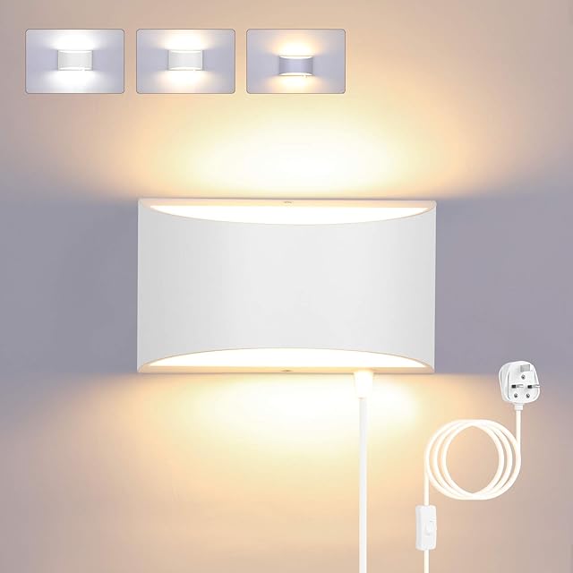 Glighone LED Wall Lights Indoor, 3 Color Temperature Dimmable with Plug&Switch 12W Modern Up Down Wall Lamp Decorative Wall Lighting for Living Room Bedroom Hallway, White(2 COB Lamp Beads Include)
