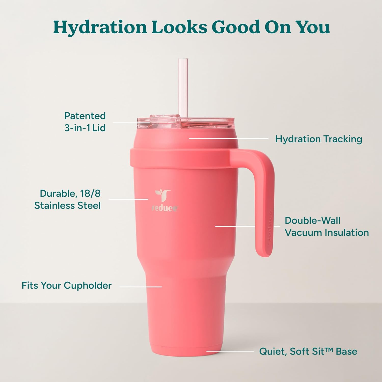 REDUCE 40 oz Stainless Steel Tumbler with Handle - Dual-Wall Vacuum Insulated Travel Mug, Sweat-Proof Lid & Reusable Straw - Keeps Drinks Cold for 24 Hrs, Fits Cupholders, Dishwasher Safe - Daiquiri - Image 5