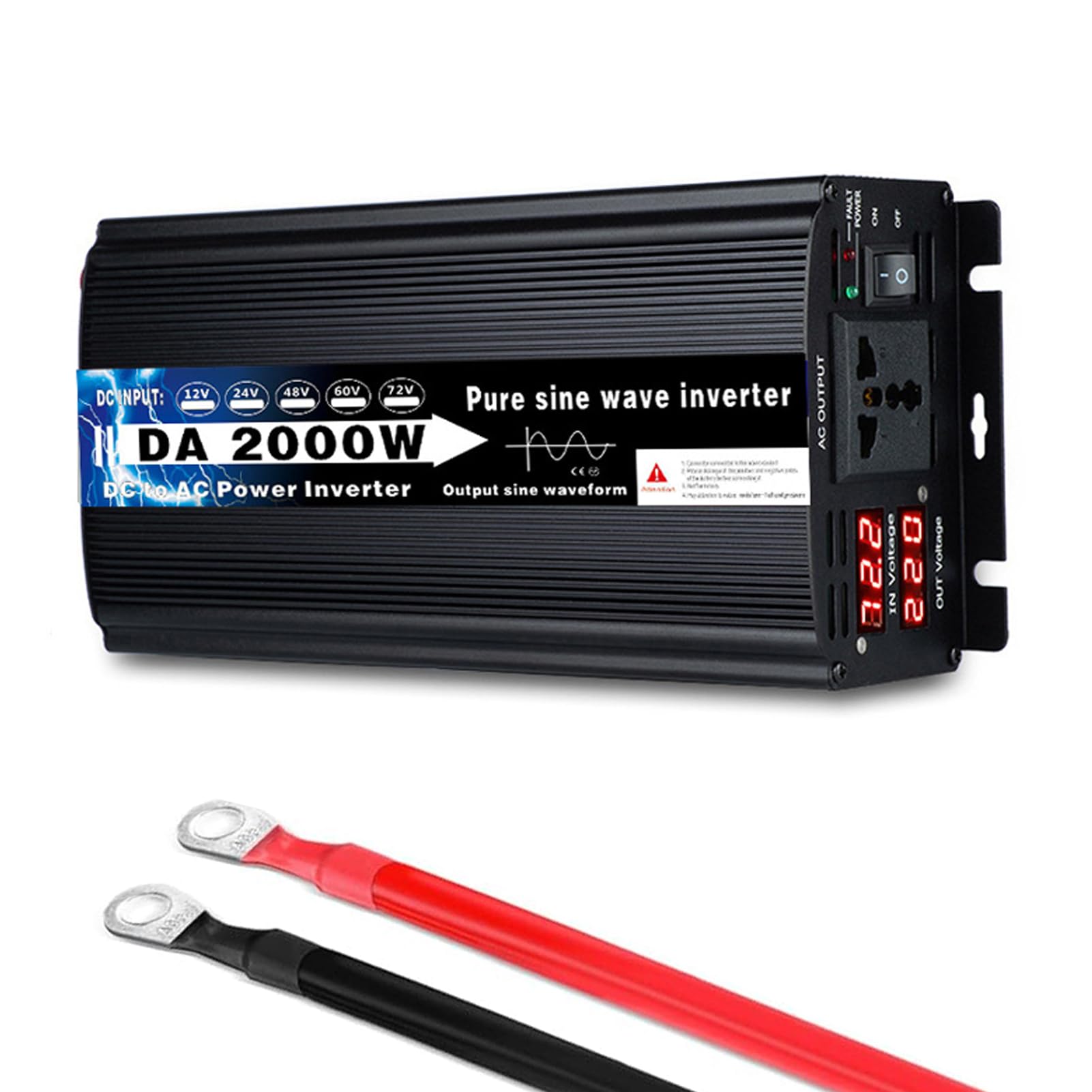 Przetwornica Inwerterowa 72V 60V 48V 24V 12V DC do 120V 230V AC, Przetwornica Samochodowa 2000W z Gniazdami AC, Adapter Inwertera do Samochodów Ciężarowych, Domowych i Kamperów(Size:72v to 110v)