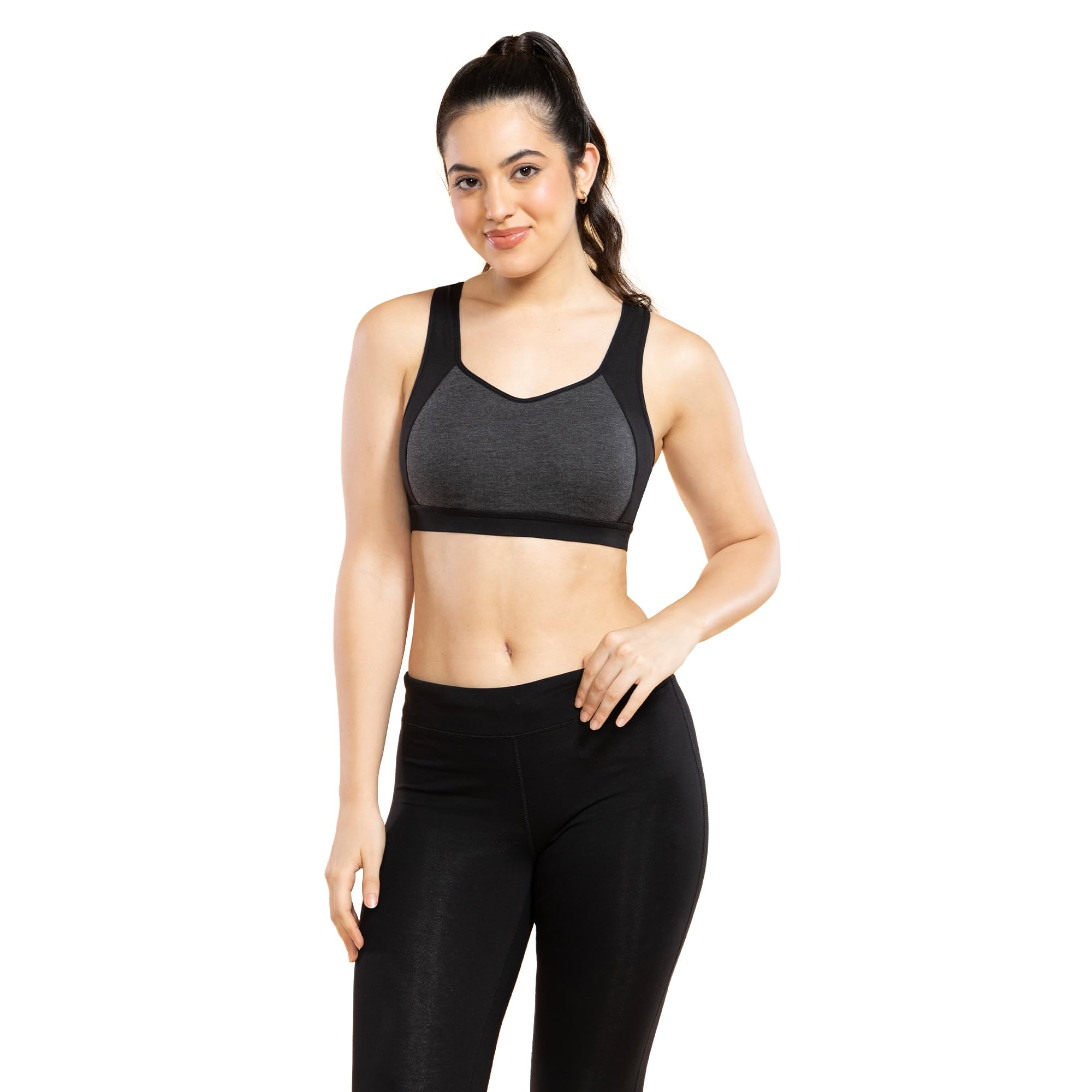 Women's Cotton Blend Sports Bra - Medium Support, Padded, Non-Wired, Full Coverage, Molded Cups and Side Panels Provide No-Shift Shaping