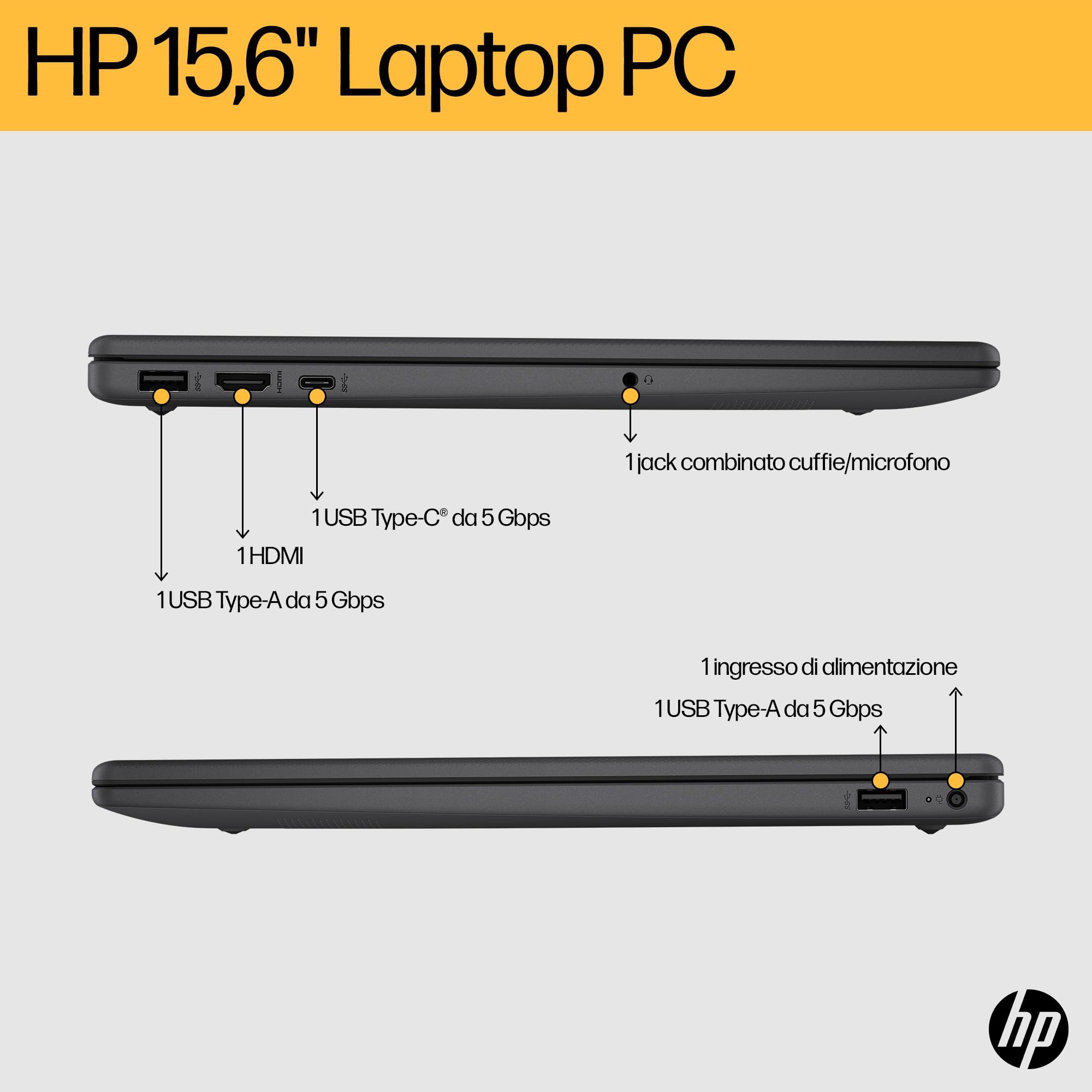 HP Laptop 15-fc0011sl, AMD Ryzen 3-7320U, RAM 8GB LPDDR5, SSD 256GB, Scheda Grafica AMD Radeon, Display 15.6” FHD SVA 250 Nits, Antiriflesso, Wi-Fi, 720p TNR Privacy Cam, Windows 11, Grigio lavagna