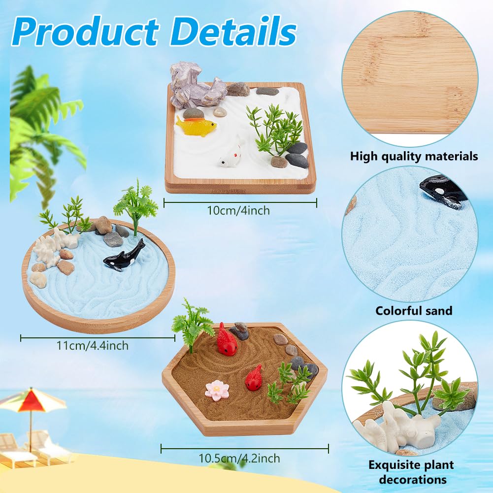 WEBEEDY Lot De 3 Mini Bacs à Sable Zen Miniatures Pour Le Jardin Zen - Kit De Thérapie De Bureau Pour Adultes, Jardin Zen Japonais Avec Sable Naturel, Rochers, Instructions Et Accessoires