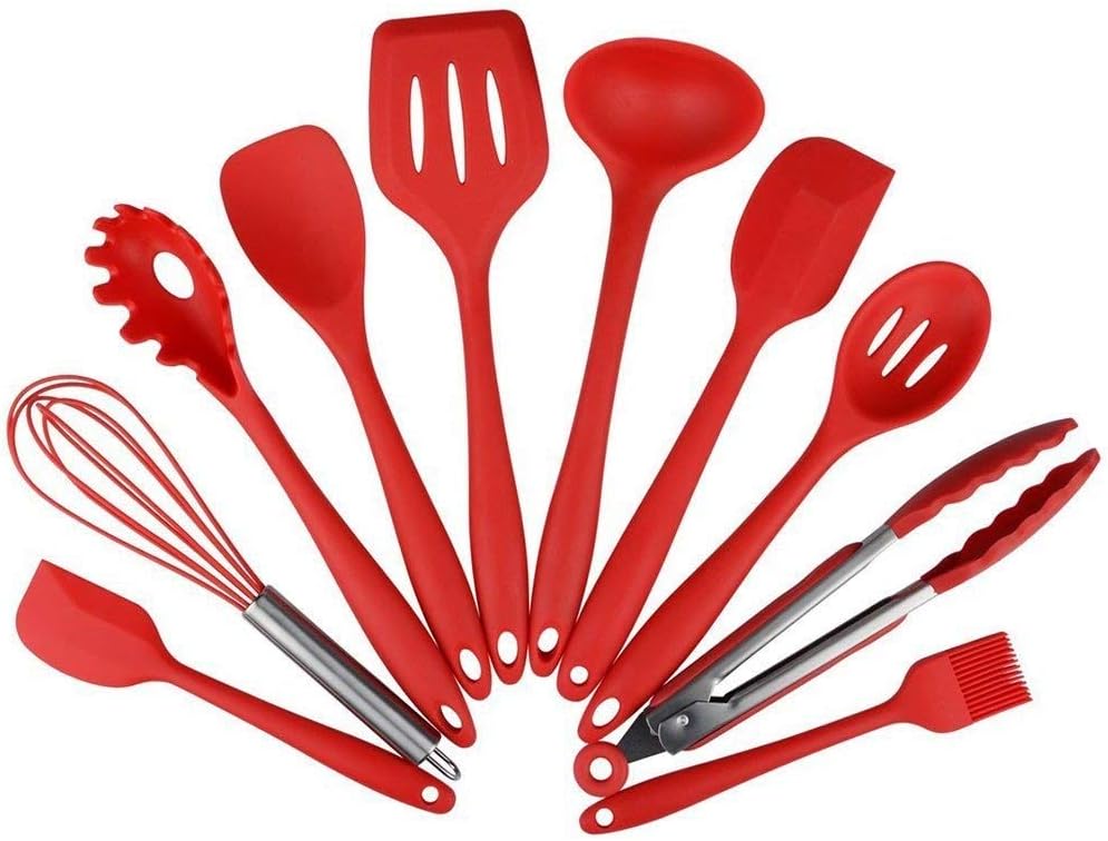 Silicone Kitchen Utensils, Set of 10 Pieces Cooking Utensils in Hygienic Solid Coating, Heat Resistant Non-Stick Baking BBQ Tools (Red)