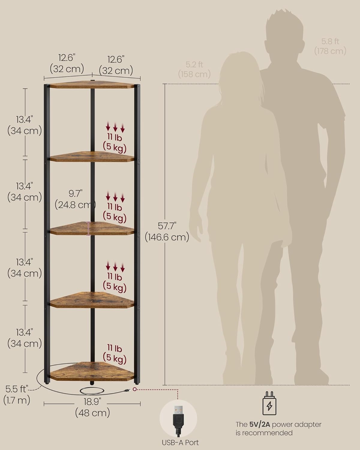 VASAGLE Corner Shelf Stand with LED Lights, 5-Tier Corner Bookshelf, Storage Shelf with Steel Frame, 9.8 x 18.9 x 57.7 Inches, for Living Room, Bedroom, Study, Rustic Brown ULBC590K01