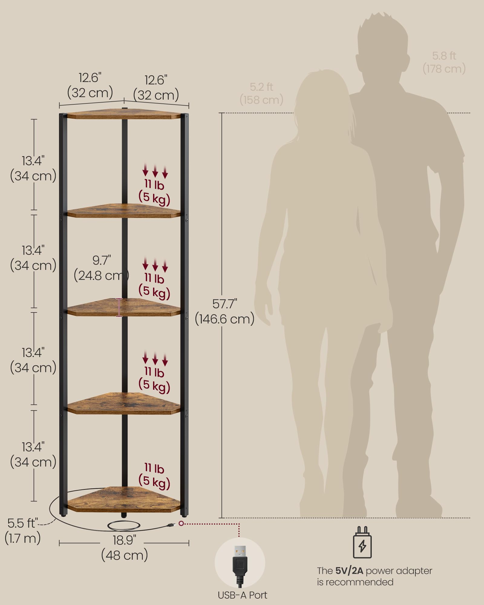 VASAGLE Étagère d'angle avec lumières LED, étagère d'angle à 5 niveaux, étagère de rangement avec cadre en acier, 24 x 48 x 140 cm, pour salon, chambre à coucher, bureau, marron rustique ULBC590K01