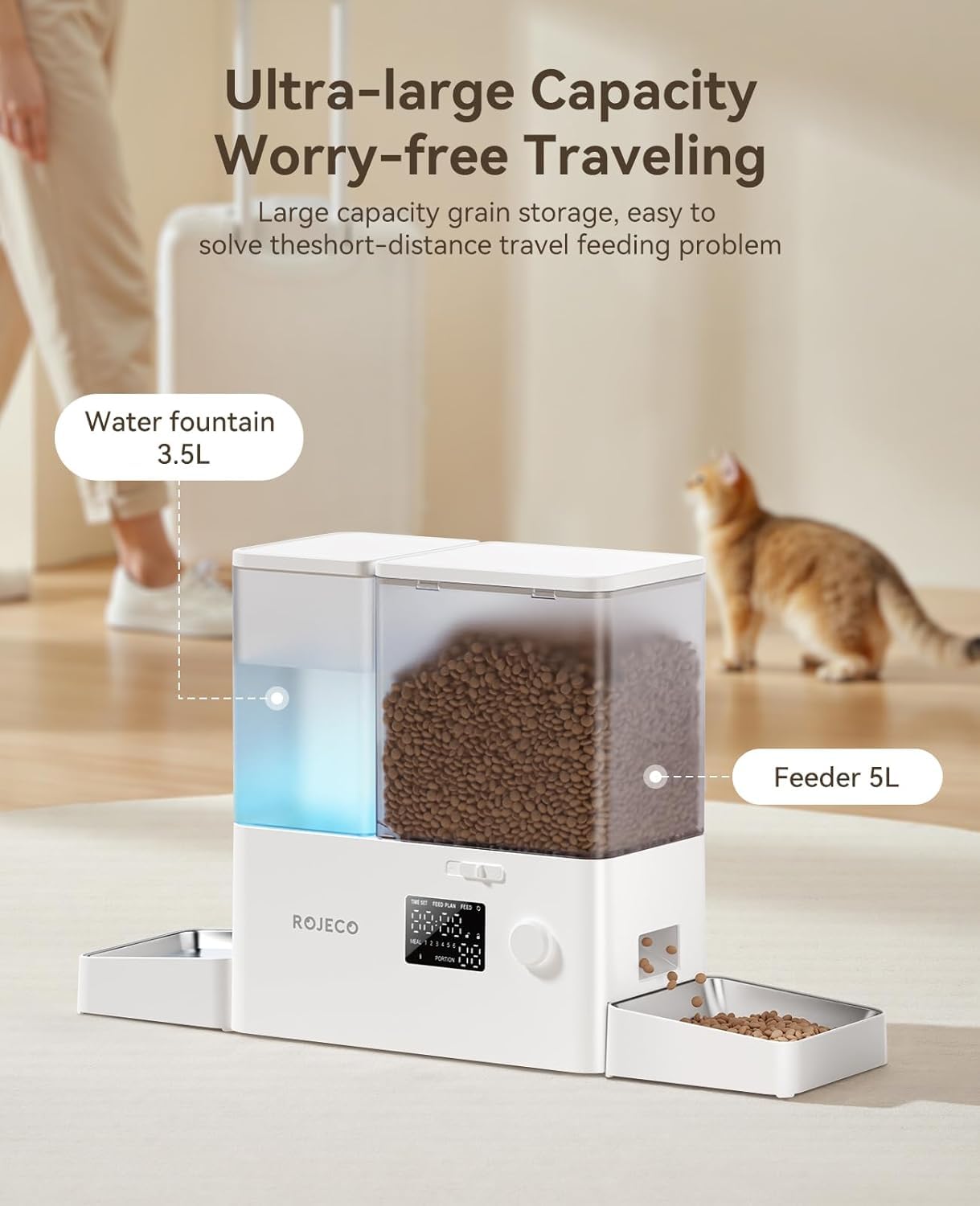 ROJECO - Comedero automático para gatos de 8.5 L, comedero 2 en 1 para mascotas con temporizador, dispensador de comida para gatos de gran capacidad con alimentador de alimentos y fuente de agua