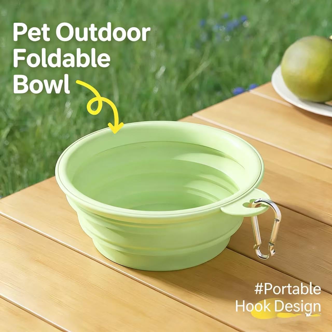 Collapsible Pet Bowl with Carabiner Clip, Green, Portable Foldable Silicone Travel Dog Bowl for Outdoor Use