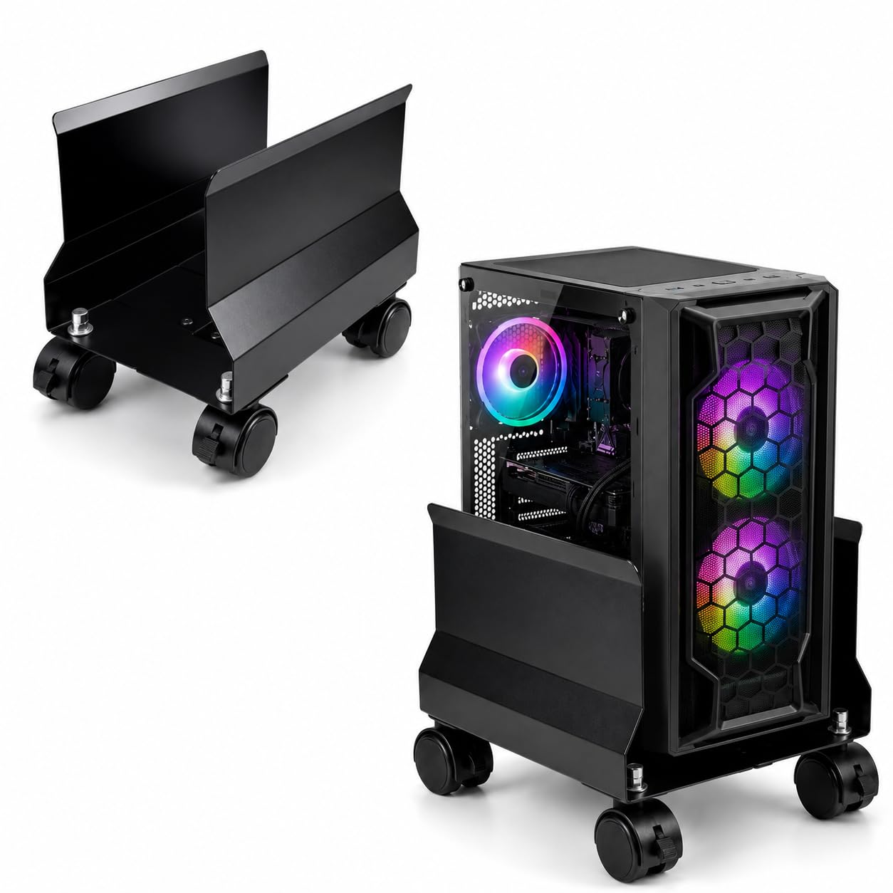 Adjustable CPU Trolley Stand for Desktop Computer Tower with Lockable Wheels, Heavy Duty Metal CPU Holder, Mobile Computer Tower Stand Cart, Rolling PC CPU Cabinet Stand for Home & Office, Black-image-0