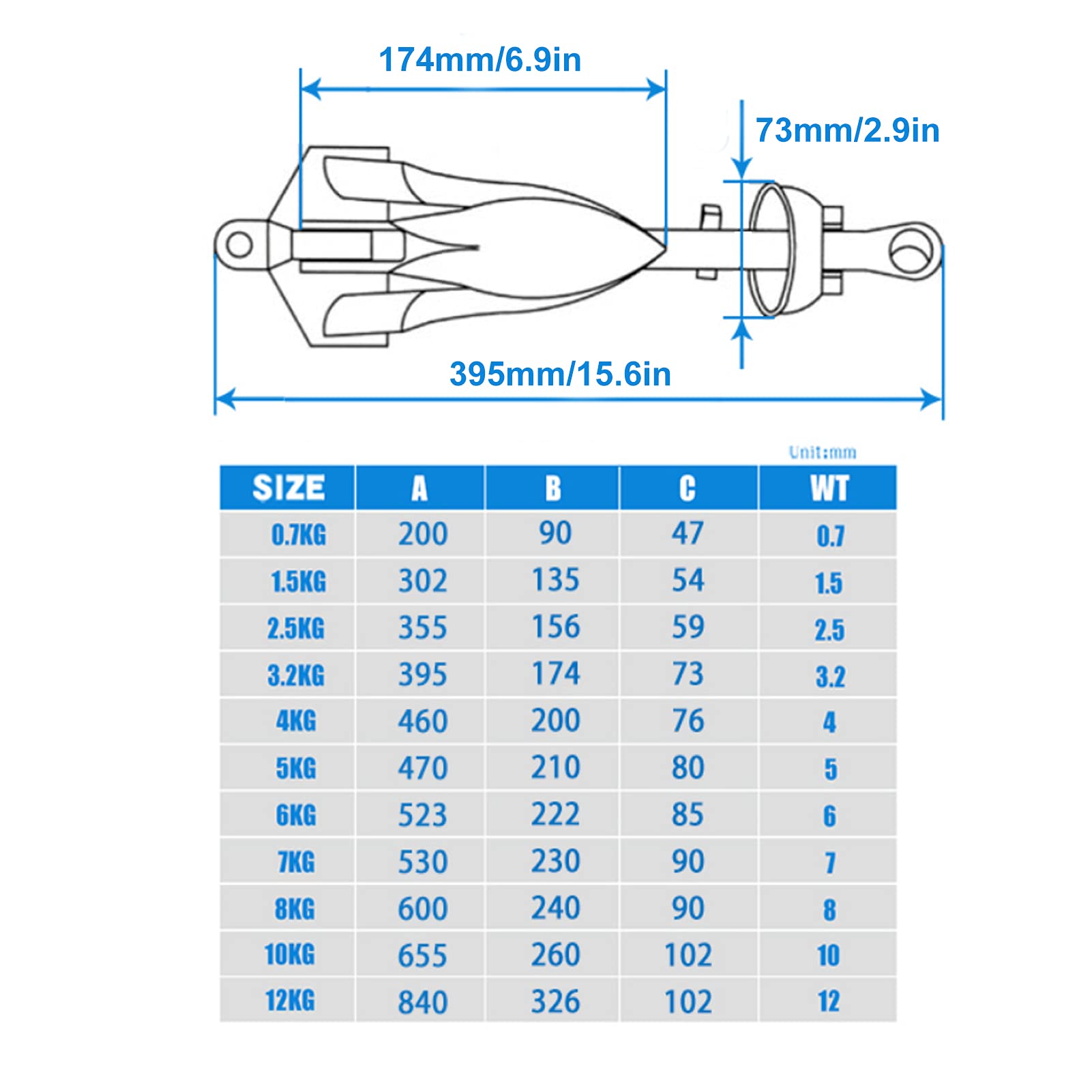 Ancla de rezón plegable de 7 libras, Hardware práctico de acero inoxidable 316, ancla de barco plegable para uso en yates y barcos marinos, 3,2Kg