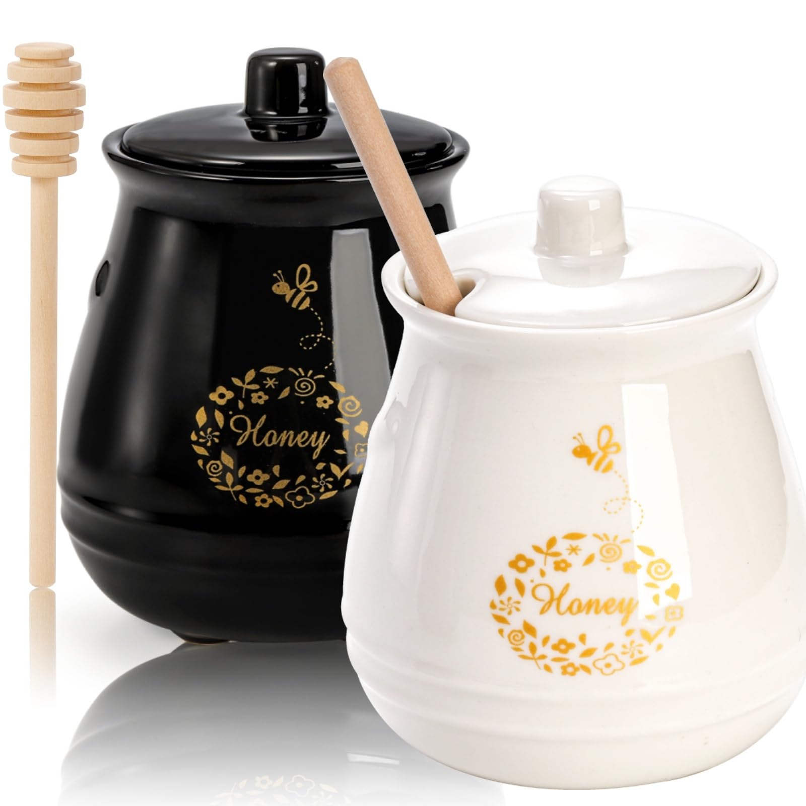2 Pack Ceramic Honey Pot with Wooden Dipper, 12OZ Decorative Honey Jar with Lid, Cute Beehive Pattern Honey Container Set for Farmhouse Home Kitchen Decor, Dishwasher Safe(2 Color)