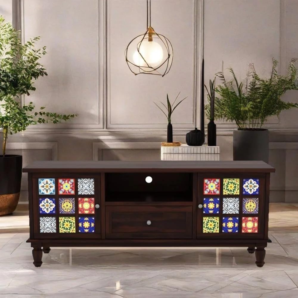 VISHWAKARMA DECOR SWooden TV Unit for Living Room | Sheesham Wood Entertainment Center with Colorful Ceramic Tiles | Storage Cabinet Console (Walnut Finish)-image-0
