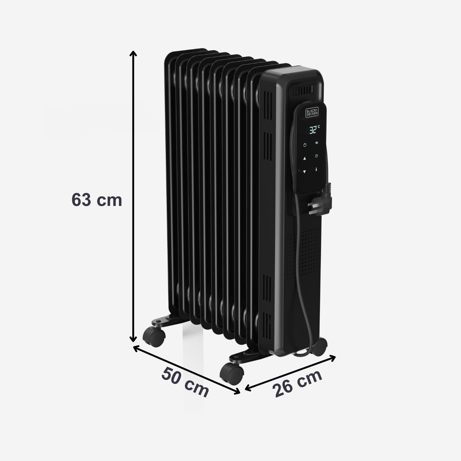 BLACK+DECKER - Radiador de Aceite 2000W | Calefactor Eléctrico | 9 Elementos | 3 Intensidades | Regulable | Temporizador 24h | Ultra Silencioso | Protección Sobrecalentamiento | Display Digital