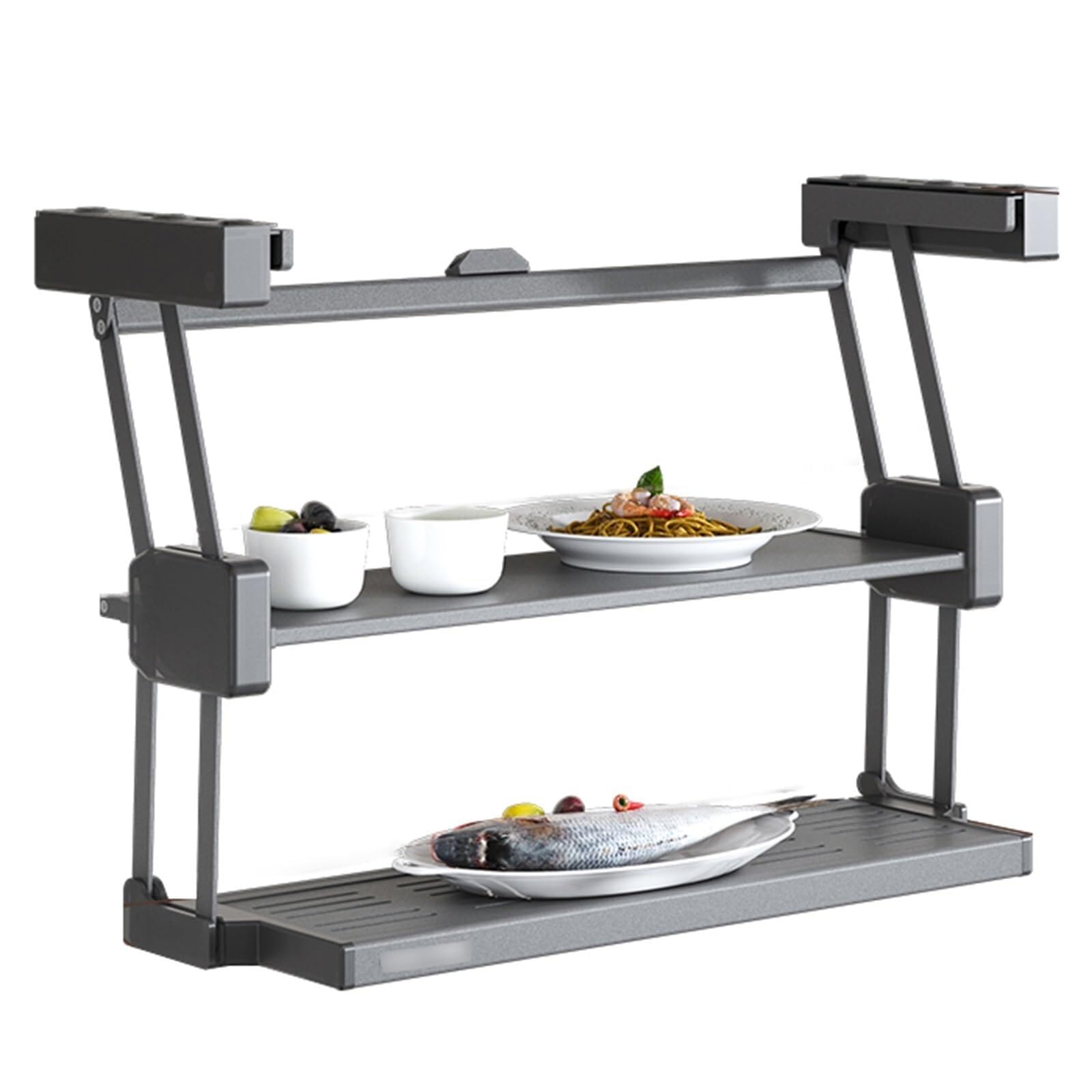 PPXCZZ 2-Tier Folding Pull Down Shelf, Aluminum Retractable Spice Rack & Dish Rack Organizer, Under Cabinet Pull-Out Storage, 10kg/22lbs Capacity, Space-Saving Kitchen Organizer(W31.1)