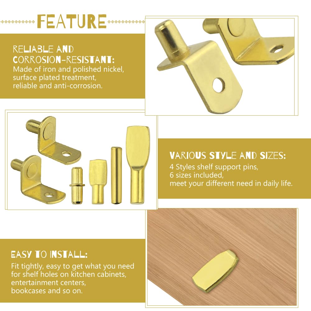 WMYCONGCONG 120 Pcs 4 Styles Shelf Bracket Pins Assortment Kit, Shelf Pegs Metal Nickel Plated Gold Cabinet Furniture Shelf Pin Support for Wardrobe Office Wood Shelving Bookshelf Closet Kitchen