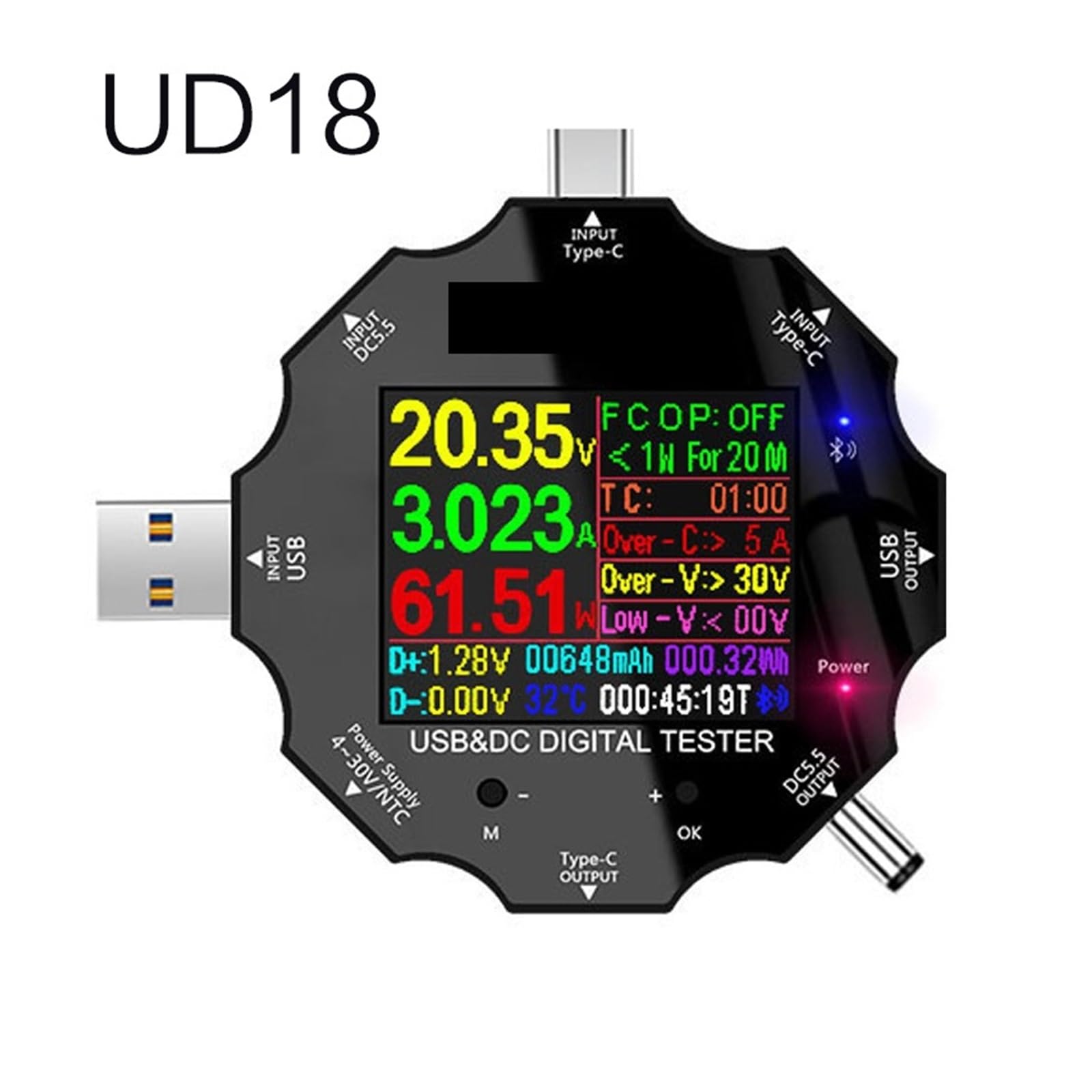 Testeur USB, Testeur USB voltmètre numérique cc, ampèremètre de tension, ampèremètre USB3.0, détecteur 18 en 1, chargeur de batterie externe + pince Crocodile cc(Add LOAD)