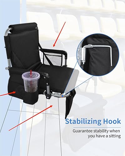 Miniatura 6 de Asiento de estadio con soporte de respaldo, asiento de blanqueador con respaldo y cojín, silla de estadio con portavasos y bolsa de malla y gancho