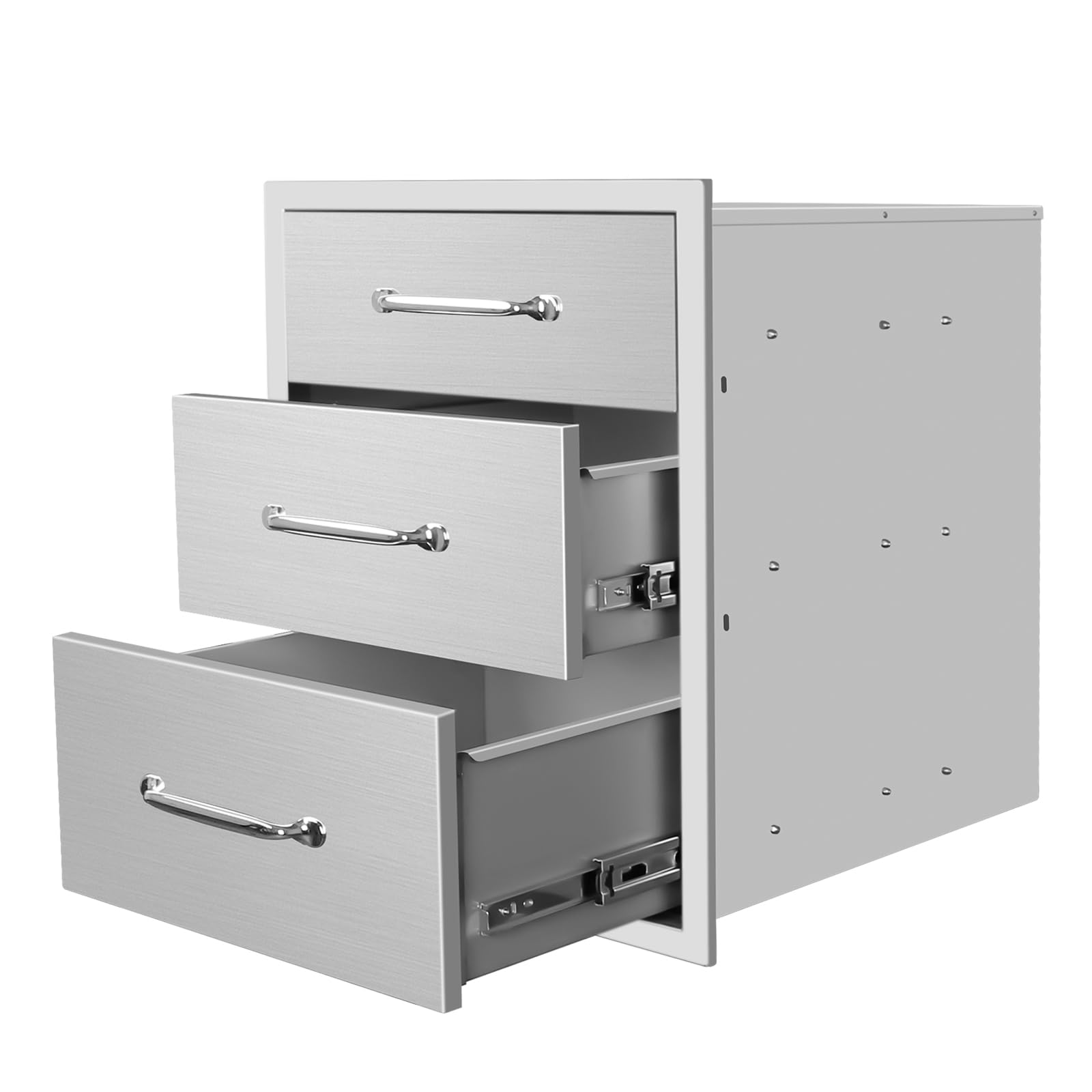 Outdoor Kitchen Drawers 18" W x 23" H x 21" D Flush Mount Triple BBQ Drawers with Chrome Handle Stainless Steel Drawer for Outdoor Kitchen Island, Patio Grill Station