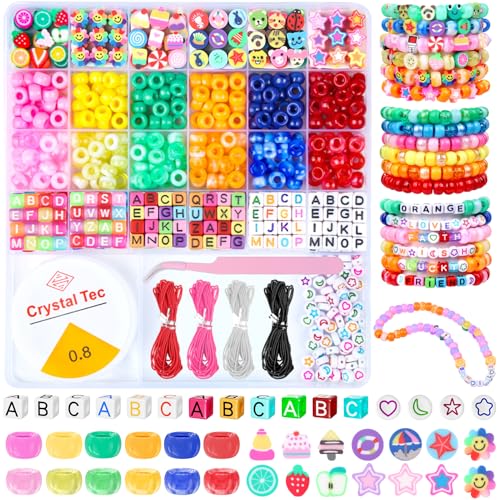 TLAOKLIU Pony Beads Bracelet Kit, Friendship Bracelet Making Kit Kandi Bead Bracelet Includes Alphabet Beads Polymer Clay Beads Flat Round Beads Rainbow Plastic Beads DIY Crafts Jewelry Making