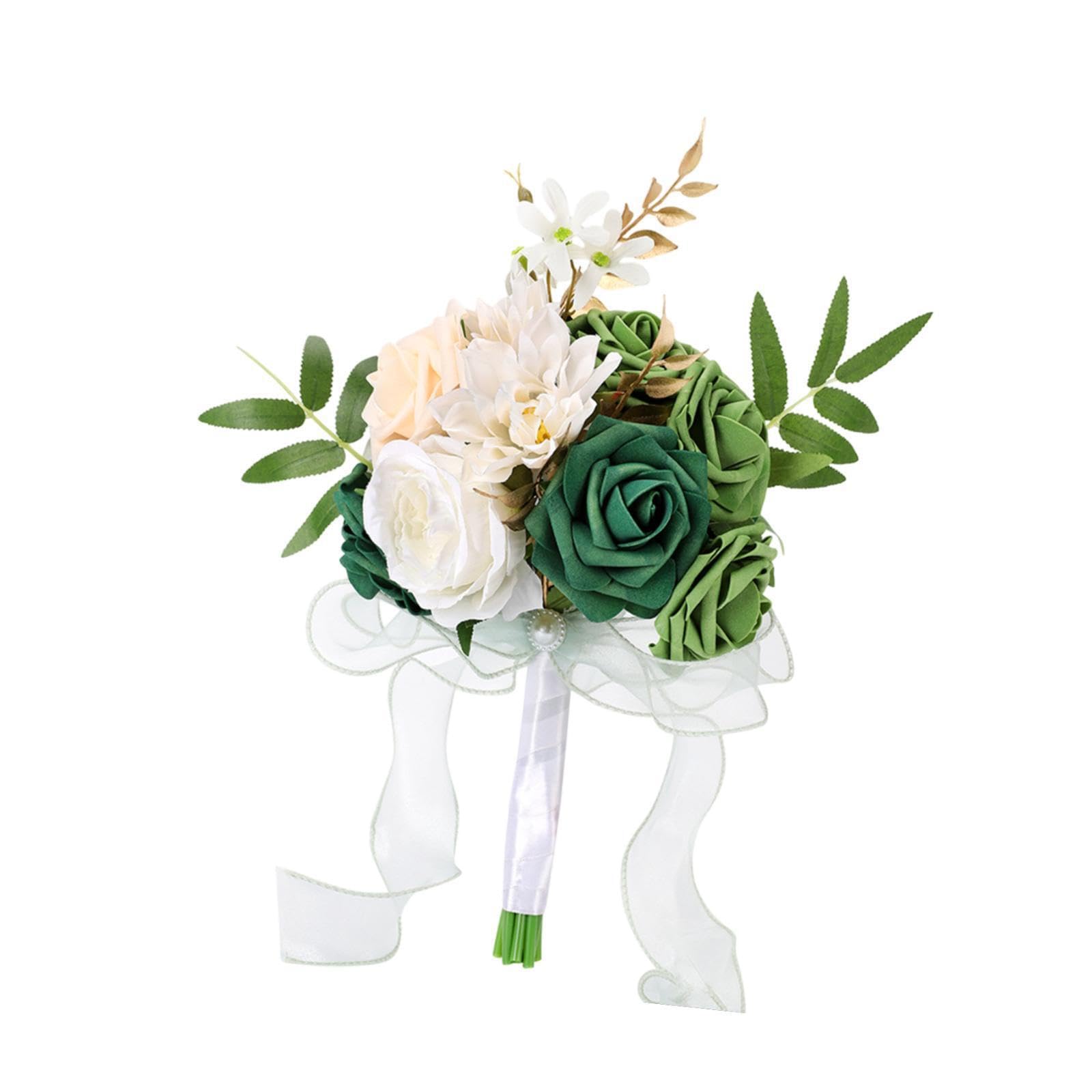 TWISAXC Elegant Artificial Roses Bridal Bouquets Stunning Silk Flowers Hand Arrangements Wedding Floral Decor Artificial Roses Bridal Bouquet Tossing Bouquet Ribbon Tassel, Green, Height 29cm