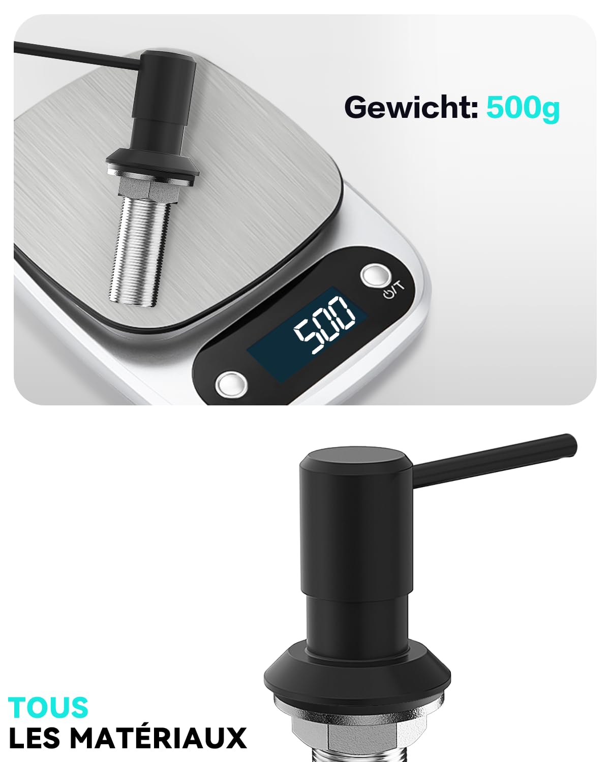 Distributeur Savon Encastrable Noir, Distributeur Savon Cuisine pour Évier, Distributeur Liquide Vaisselle avec Bouteille 300 ML et Tuyau de 1,2 M, Distributeur de Savon en Cuivre, Écrou Métal