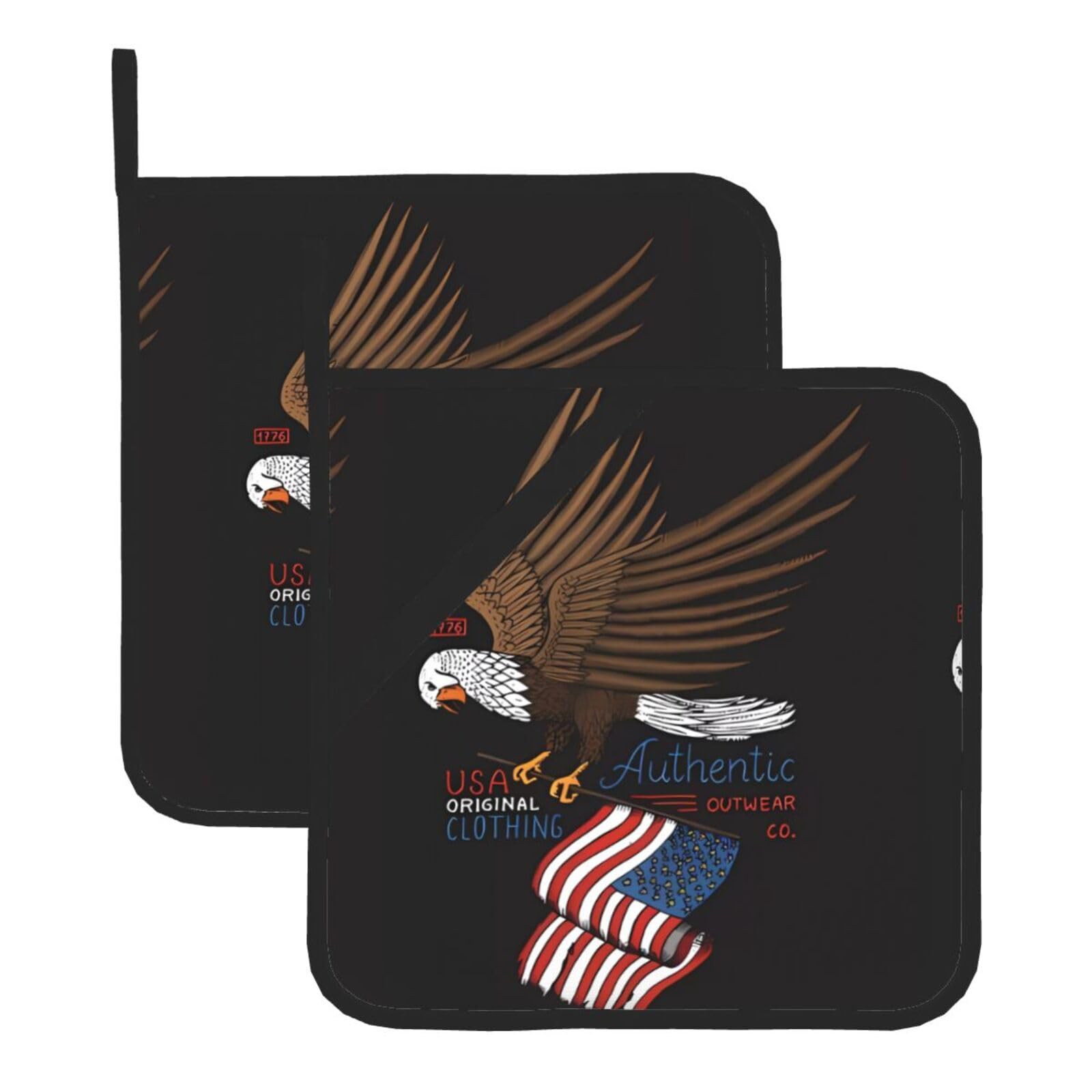 Whjssf Usa Patriotic Eagle With American Flag Prints Square Hot Pads For Kitchen - Waterproof Trivets, Durable Pot Covers With Hanging Loops - Set Of 2 (One With Pocket)