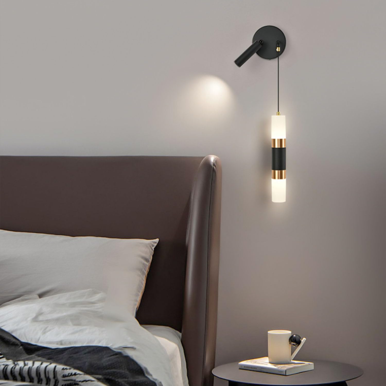 Applique da Parete Nera Moderna Minimalista a LED, Lampada Artistica da Comodino in Alluminio con Filo sospeso, Regolabile 3000K/4000K/6000K, 18W, Applique a Tubo Lungo Dorate per