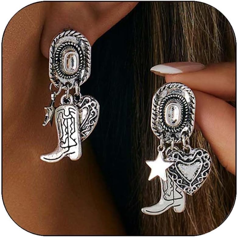 Silver Cowgirl Boot Earrings Western Boot Earrings Western Cowboy Dangle Drop Earring Country Turquoise Earring Jewelry