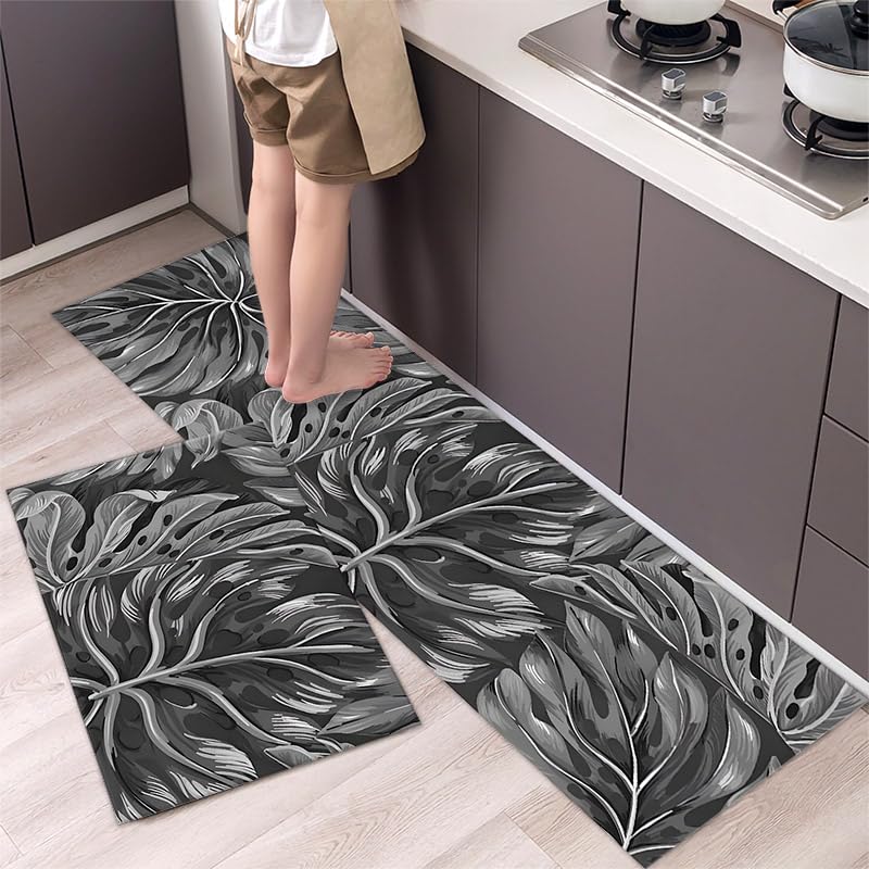 Alfombra Cocina 50X160Cm Hojas Grises Vinilica Juego 2 Cuero Alfombras Cocina Antideslizante,Pasillo De PVC Impermeable,Antideslizante Y Resistente Antifatiga Al Aceite