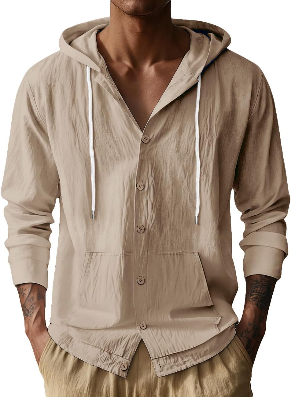 Linen Shirts for Men Casual Long Sleeve Button Down Shirts with Pocket Hoodies Shirt Lightweight Fashion Tops Vacation