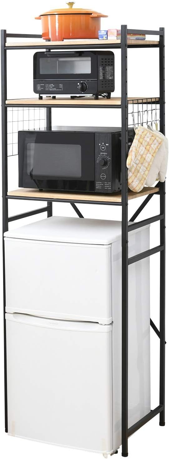 レンジラック (冷蔵庫ラック) 小型冷蔵庫対応(幅59.5×奥行41.5×高さ180cm) 棚板高さ調節可 フック4コ付き レンジ台