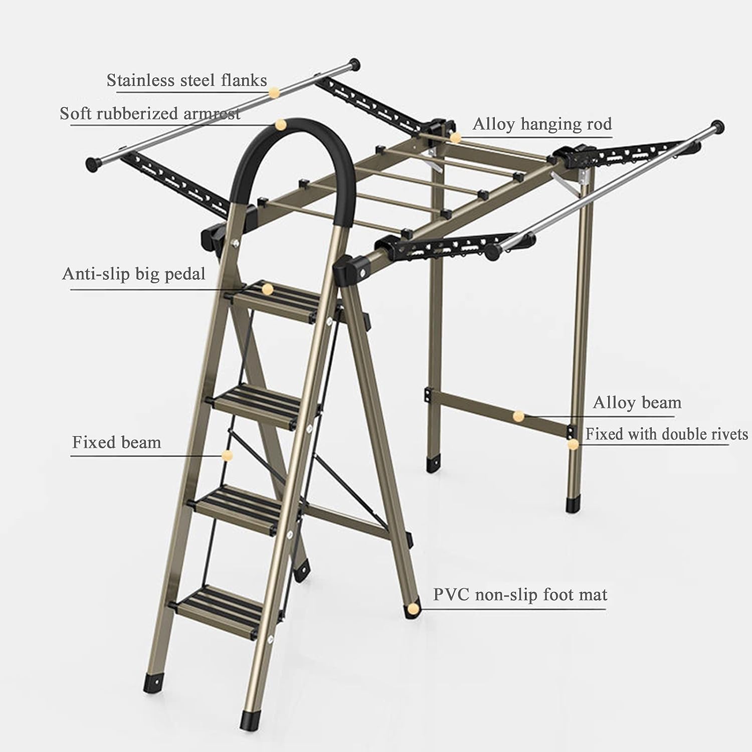 Collapsible 4-Step Silver Aluminum Lightweight Clothes Drying Rack Ladder Multifunctional Indoor Laundry Dryer with Rubber Handrail Free Installed for Home and Kitchen,Gold-Style 1