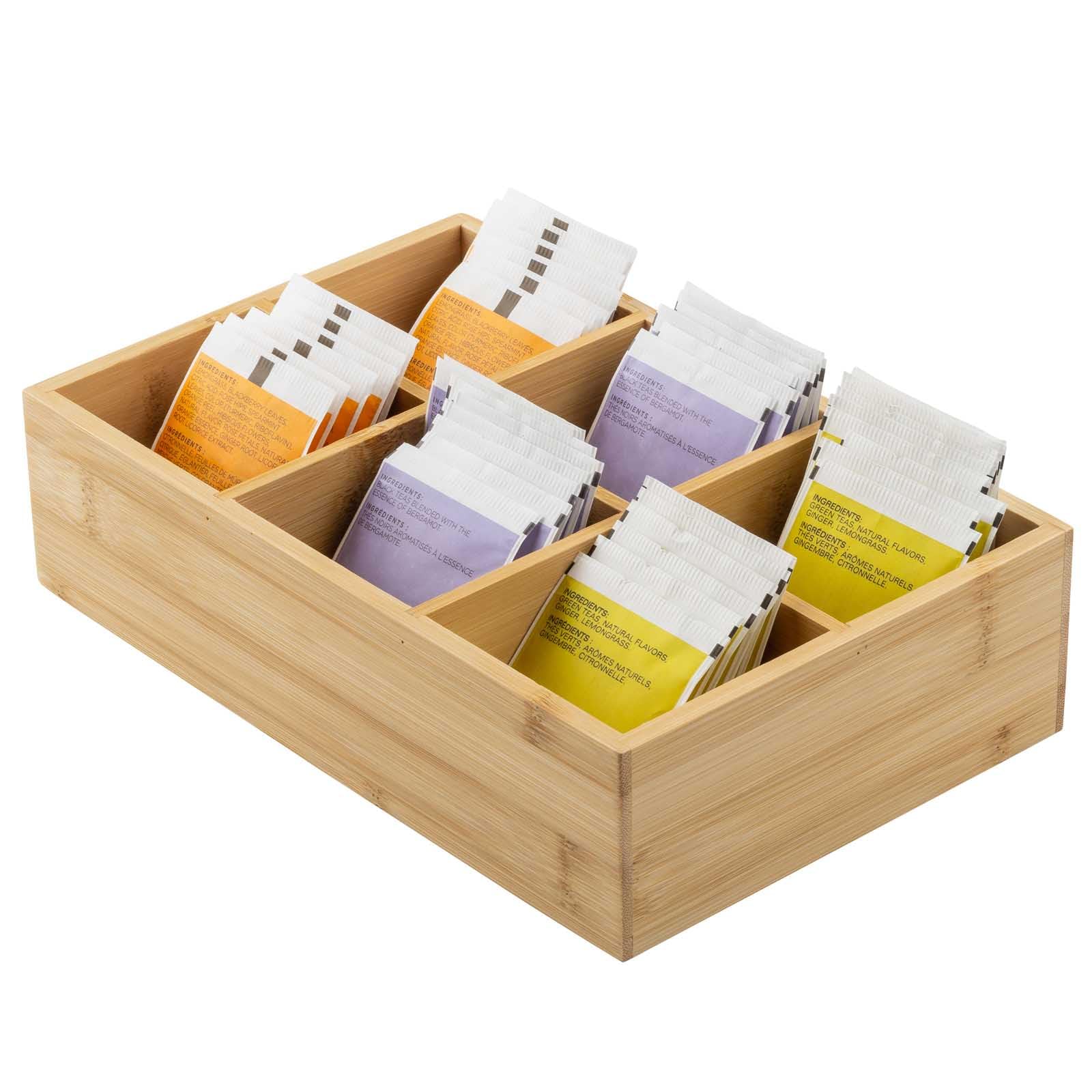 TableCraft Bamboo 6-Compartment Tea Bag Holder – 10 x 6.5 x 2.5 Inches, Sustainable and Stylish Organizer for Tea Bags, Sugar Packets, and Small Items, Perfect for Kitchen or Office Use