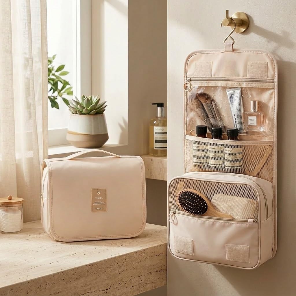 Foldable Travel Toiletry Bag - Waterproof Hanging Cosmetic Organizer with Clear Panel, Portable Makeup Pouch for Shower & Airplane Essentials Beige-picture-34