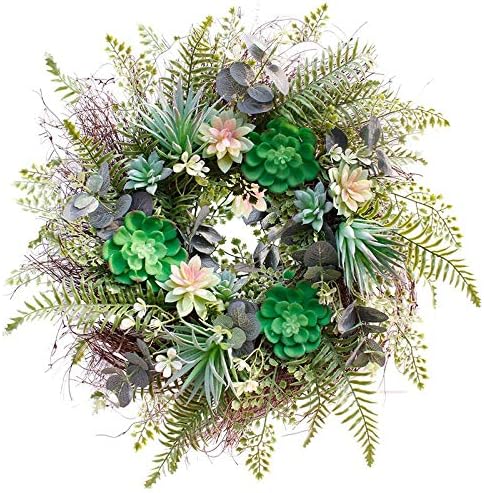 Ansuma 22 Inch Artificial Succulent Wreath for Front Door, Fern Plants Wreath for Spring Summer and All Seasons, Greenery Floral Wreath for Indoor and Outdoor Use