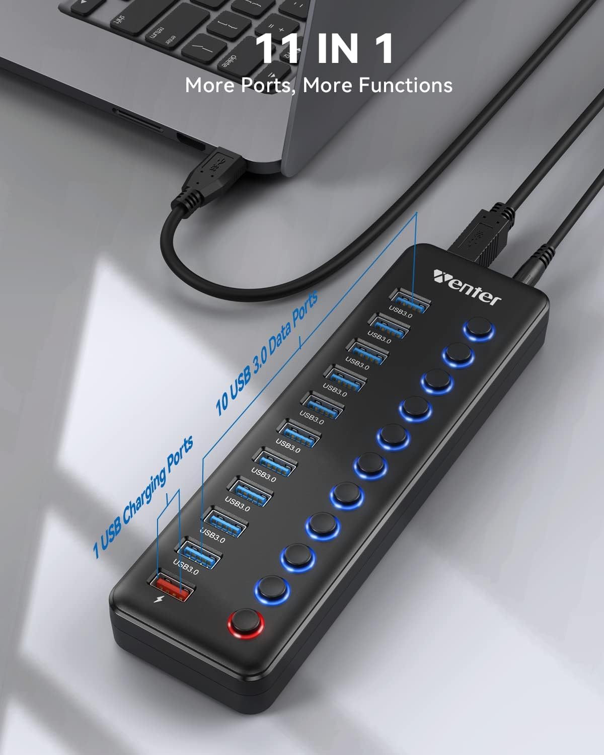 Hub USB Powered, hub splitter USB a 11 porte (10 porte di trasferimento dati e 1 porta di ricarica intelligente) con switch LED On/Off, USB Hub 3.0 alimentato con adattatore di alimentazione per Mac