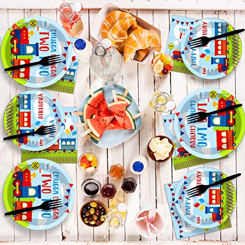 Image of 100 PCS Chugga Chugga Two Two Party Supplies Set Train Plates and Napkins 2nd Birthday Party Tableware Packs Decorations Transportation Disposable Paper Plates Napkins Forks For Kids Serve 25