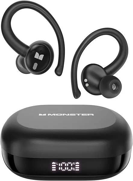 Monster N-Lite 216 Wireless Earbuds, Sports Ear Buds with Earhooks, ENC Noise Cancelling Mic,IPX6 Waterproof. Bluetooth 6.0 Headphones Stereo Bass Ear Buds 48H Playtime with LED Display Black