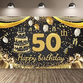 Happy 50th Birthday Backdrop Banner 70.8 x 43.3 Inch, 50th Anniversary Birthday Photo Booth Backdrop Large Fabric Black Gold Sign Poster Background for Men Women 50th Birthday Party Decorations