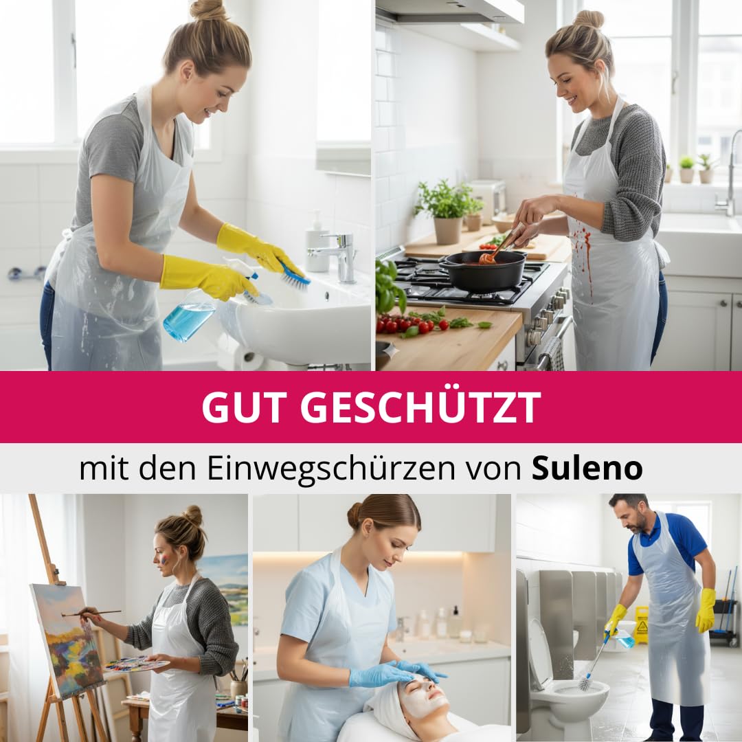 Suleno Einwegschürzen LDPE (100-300 Stück) weiß 20 µm Reißfeste | Plastikschürzen Einweg 75x130cm, Wasserdichte Einmalschürzen für Gastronomie, Küche, Catering, Hygieneschürzen Großpackung