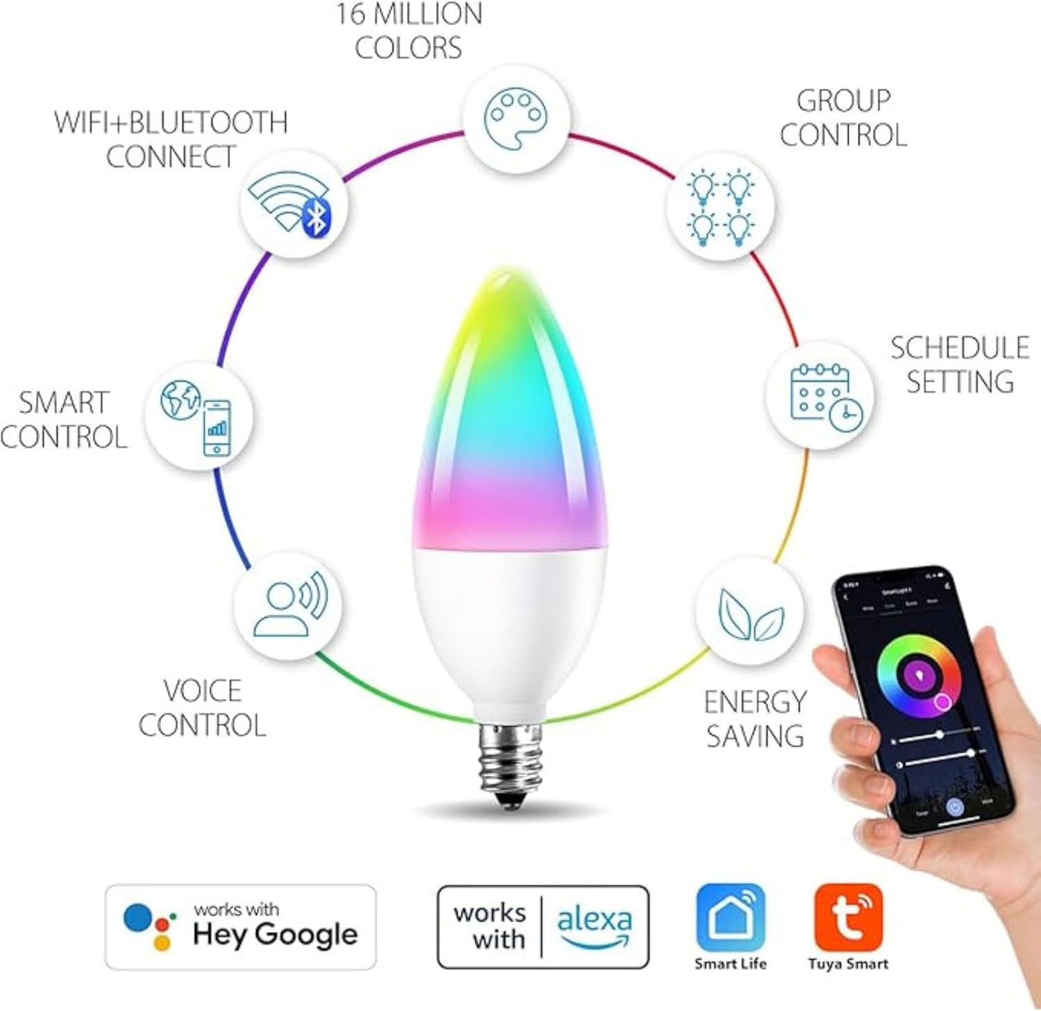 Candelabra Smart Light Bulbs 60W Equivalent, 450LM 5W LED Bulb Compatible with Alexa/Google Home, RGBCW 16 Million Color Changing Light Candle Bulb, No Hub Required, 2.4G (E12) (4)
