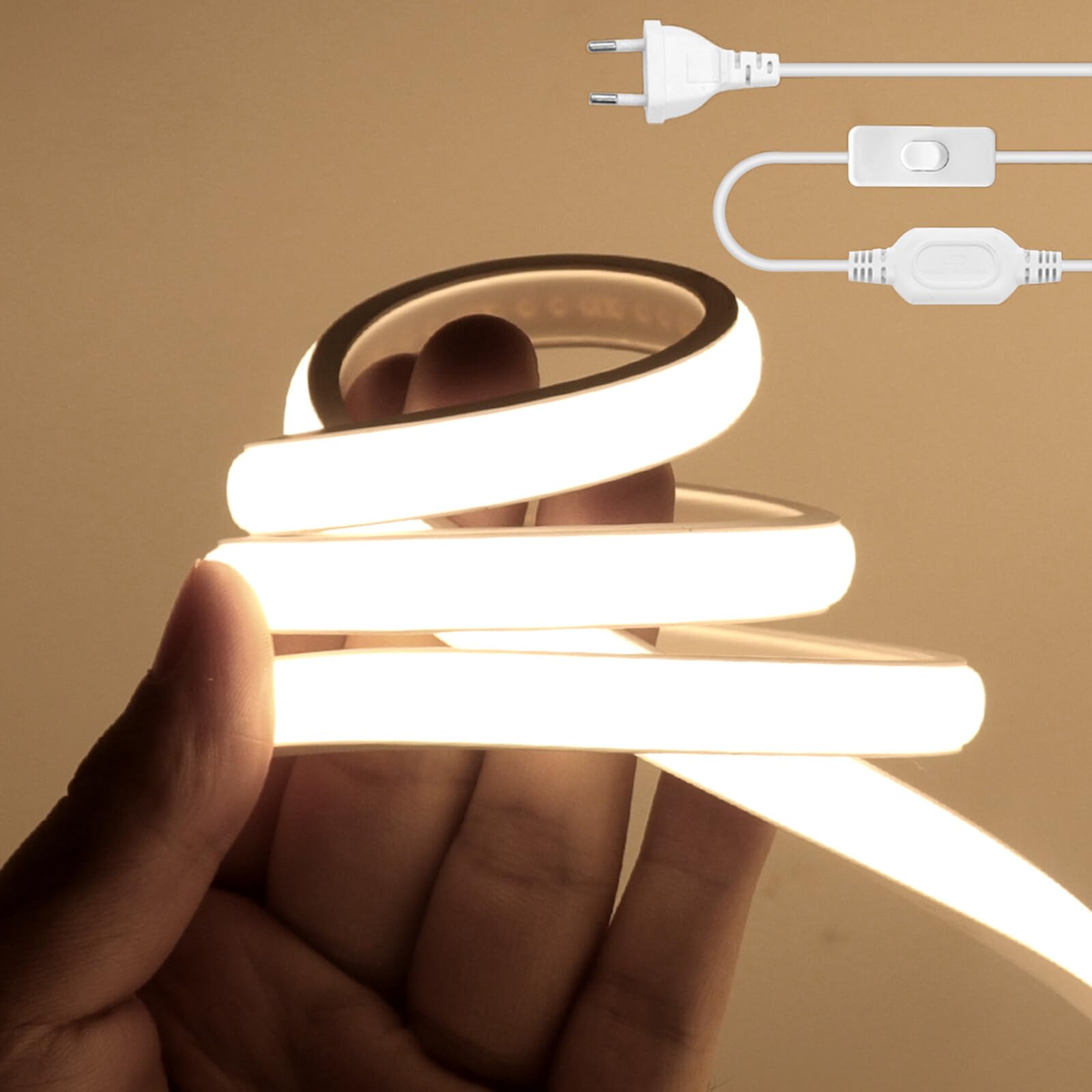 Striscia LED Neon COB 220V, IP65 Impermeabile Flessibile, 288LED/m 15m Bianco Naturale 4000K Striscia LED FCOB con Interruttore, Illuminazione Camera da Letto Cucina Soggiorno