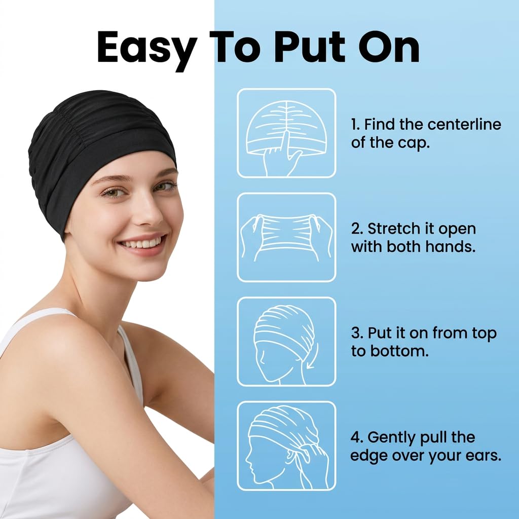 Gorro de Natación Mujer [Pack de 2] - Gorro de Baño de Tela Negro Elástico para Pelo Largo Transpirable para Piscina Playa y Aquagym Talla Universal Negro