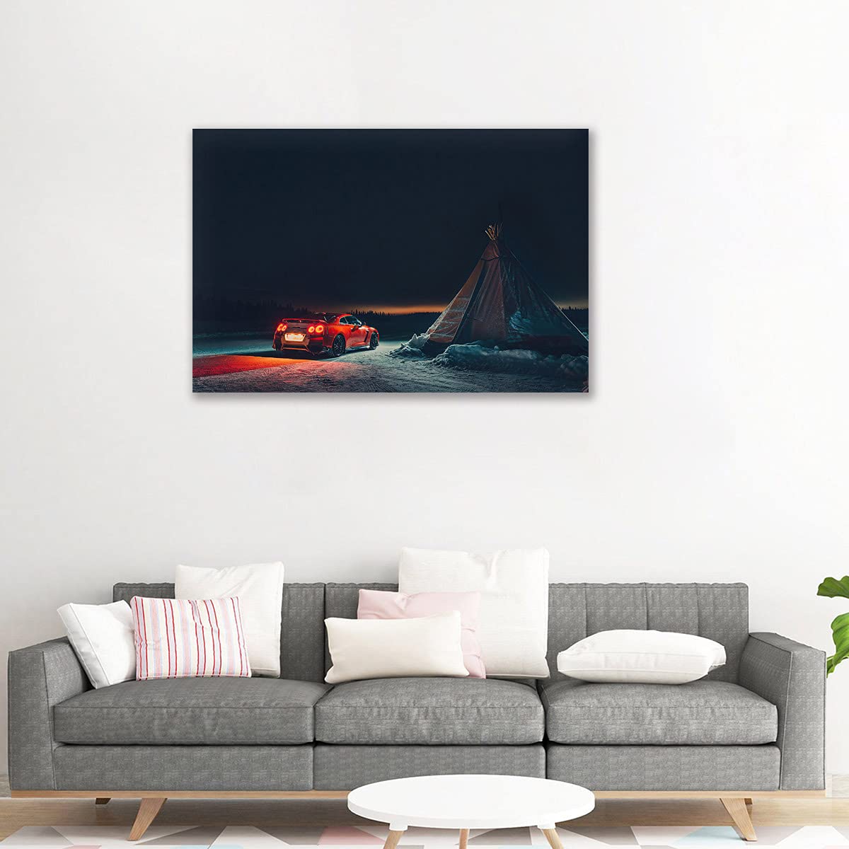 Five-Seller Pintura Moderna Nissan GTR Red Supercar Camping Pared Arte Deportes Coches Carteles Lienzo Impreso para Dormitorio Decoración De Habitación (1,60_x_90_cm(con Marco))
