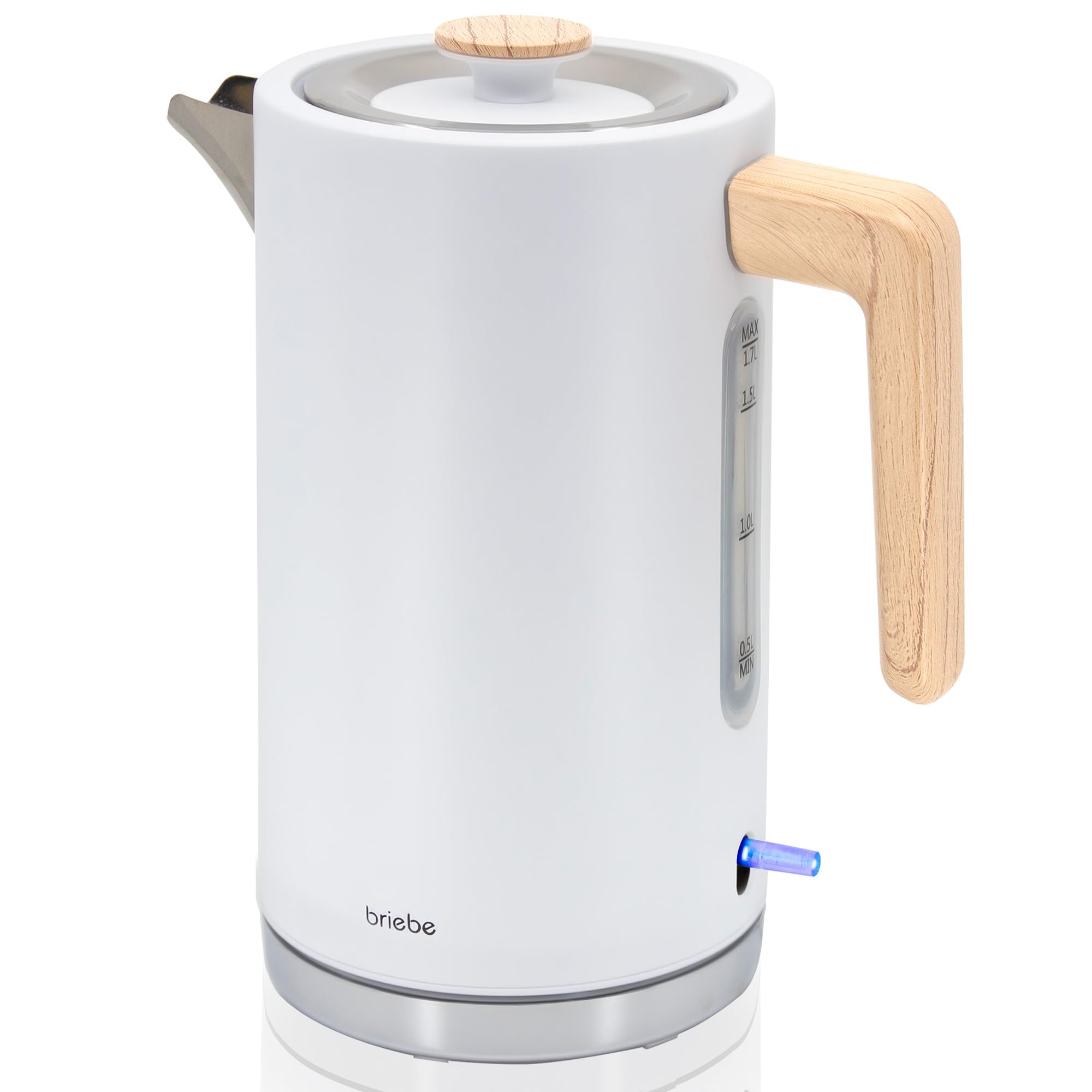 briebe Nordic Hervidor Agua Eléctrico 1,7L Inalámbrico, Tetera Infusiones 2200W Ebullición Rápida, Libre BPA, Base 360°, Controlador Strix, Apagado Automático, Diseño Nórdico, Asa Efecto Madera Blanco