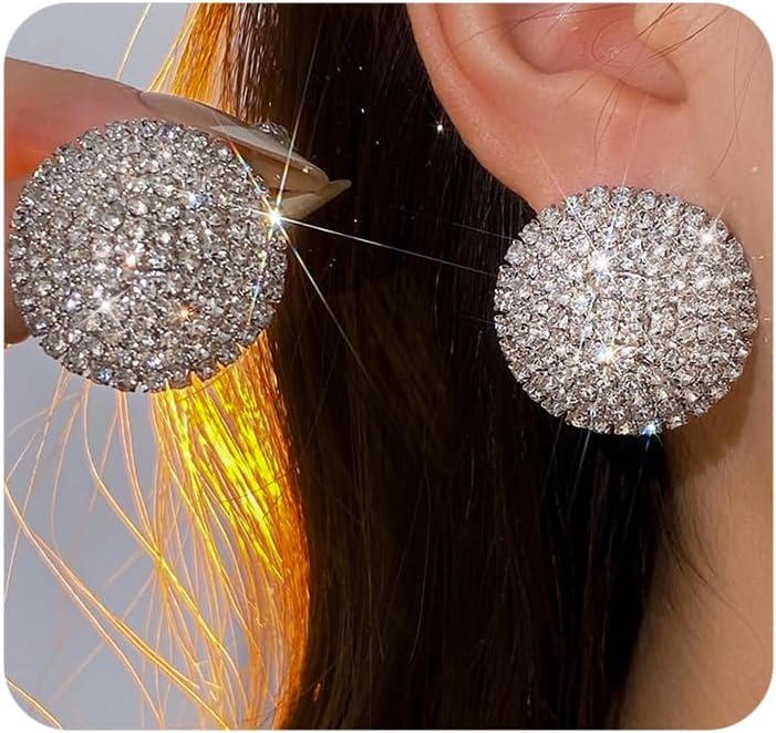 Sparkly Chunky Round Rhinestone Earrings for Women,Charm Large Silver Crystal Circle Dangle Earrings,Bridal Wedding Jewelry Accessories